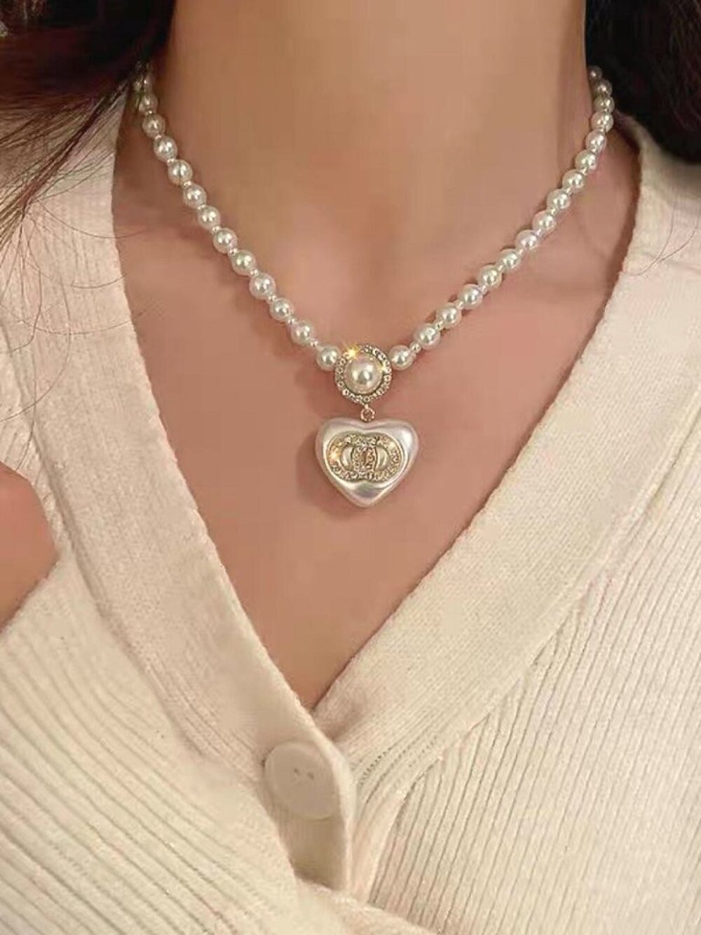 Faux Pearl Heart Pendant Necklace with Gold Tone Accents